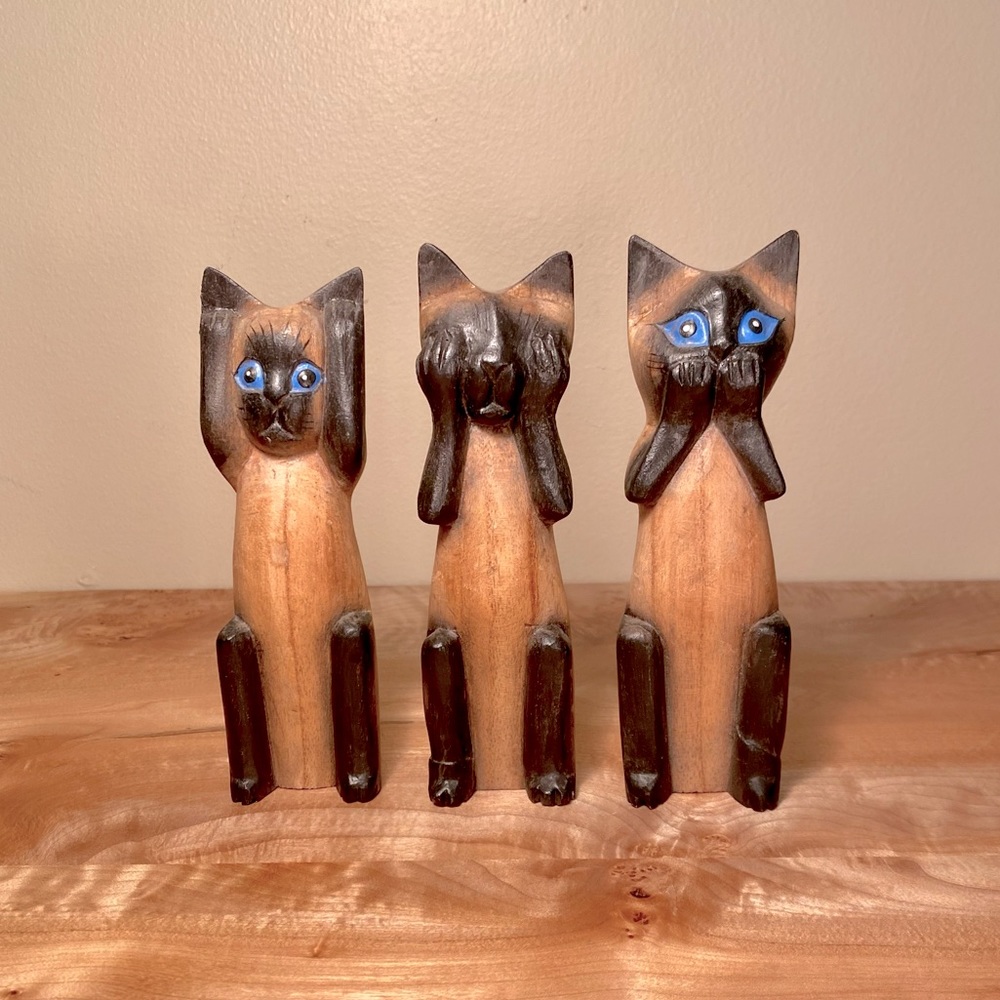 Hear No Evil, See No Evil, Speak No Evil Carved Wooden Siamese Cats